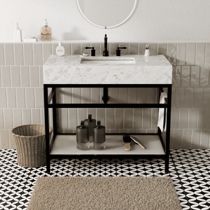 36"x21" Bathroom Carrara Marble Vanity with Sink Freestanding Console Sink(Black Legs)