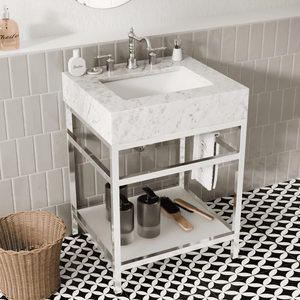 Open image in slideshow, 24&quot;x21&quot; Bathroom Carrara Marble Vanity with Sink Freestanding Console Sink(Silver Legs)
