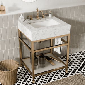 Open image in slideshow, 24&quot;x21&quot; Bathroom Carrara Marble Vanity with Sink Freestanding Console Sink(Golden Legs)
