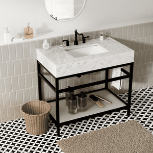 Open image in slideshow, 36&quot;x21&quot; Bathroom Carrara Marble Vanity with Sink Freestanding Console Sink(Black Legs)
