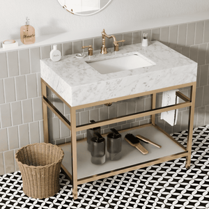 Open image in slideshow, 36&quot;x21&quot; Bathroom Carrara Marble Vanity with Sink Freestanding Console Sink(Golden Legs)
