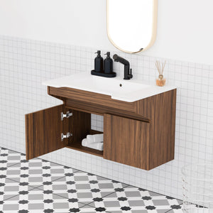 ADA Wall-Mount Stone Resin Bathroom Vanity Sink Engineered Wood Cabinet Ada Compliant Floating Vanity Modern Hand Support for Elderly, Seniors, Handicap & Disabled