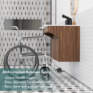 ADA Wall-Mount Stone Resin Bathroom Vanity Sink Engineered Wood Cabinet Ada Compliant Floating Vanity Modern Hand Support for Elderly, Seniors, Handicap & Disabled