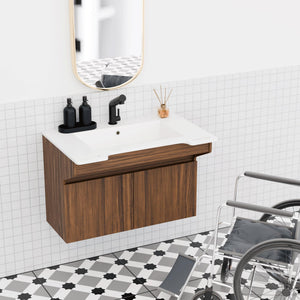 ADA Wall-Mount Stone Resin Bathroom Vanity Sink Engineered Wood Cabinet Ada Compliant Floating Vanity Modern Hand Support for Elderly, Seniors, Handicap & Disabled