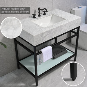 36"x21" Bathroom Carrara Marble Vanity with Sink Freestanding Console Sink(Black Legs)